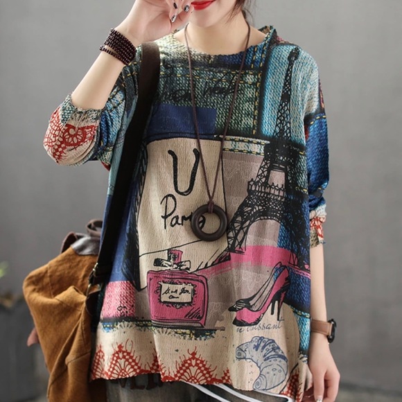 Oversized cotton knit Retro print Paris sweater - Picture 2 of 8